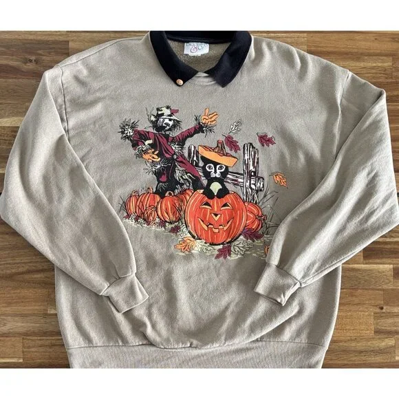 Vintage Halloween Sweatshirt Women’s Large Black Cat Pumpkin Scarecrow 80/90s - Picture 12 of 16